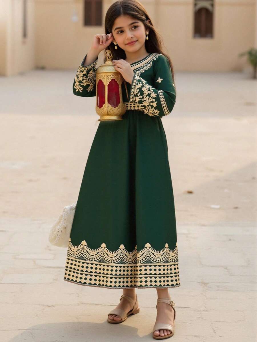 少女数码印花连衣裙，优雅复古图案，适合会议、节日、日常穿着，绿色直筒长袖梭织面料，春夏秋冬皆宜。 - 綠色 - 查看 1