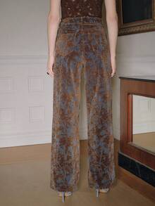 Anewsta 高腰阔腿牛仔裤，植绒提花设计，宽松显瘦直筒裤型，女士秋季款 - 彩色 - 查看 6