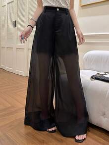 DAZY Pantalones ligeros de unicolor casuales de 2 en 1 transparentes para primavera/verano para mujer - Negro - Ver 4