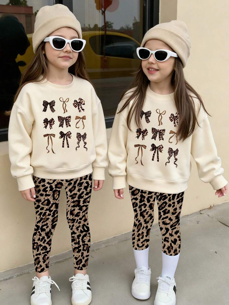 SHEIN 秋季套装 少女时尚创意可爱清新个性化豹纹蝴蝶结设计图案印花保暖舒适休闲套装 圆领卫衣+打底裤 两件套 - 彩色 - 查看 1