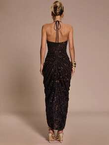 SHEIN BAE 秋冬女式酒红色提花露背抹胸开衩连衣裙，黑色迷你裙，派对正式礼服，适合派对、正式场合、鸡尾酒会、节日、万圣节、圣诞节等场合。 - 咖啡棕 - 查看 2