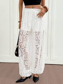 Siren Gaze Women's Fashion Lace See-Through Elastic Waist Pants, Suitable For Vacation - White - View 2