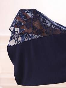 SHEIN 3pcs Women's Sexy Sheer Camisole Top, Lace Trim Slit Hem Robe, Soft Knit Pajama Set - Blue - View 8