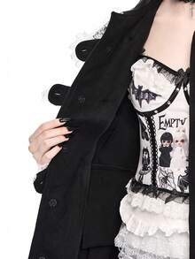 ROMWE Gothic Style Fitted Lace Trim Open Front Mid-Length Wool Blend Coat - Black - View 10