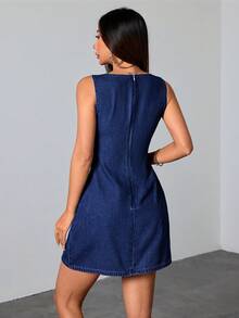 SHEIN PETITE 女士性感深V领系带无袖收腰牛仔连衣裙，夏季 - 深色水洗藍 - 查看 2