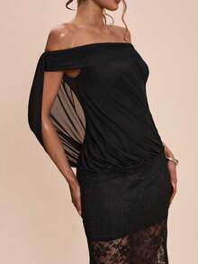 SHEIN BAE Black Sexy One-Shoulder Ruffle Lace Patchwork Fishtail Bodycon Elegant Dress, Black Dress, Valentine's Day Date Dress, Bridesmaid Mini Dress, Elegant Dress, Valentine's Day - Black - View 8