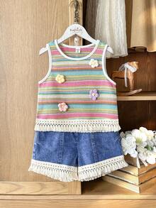 SHEIN Vintaside Kids 2pcs/Set Tween Girls' Formal Sweet & Cute Textured Fabric Embroidered Floral Pattern Paired With Denim Fringe Shorts Set, Suitable For Daily, Casual, Vacation, Gathering - Multicolor - View 7
