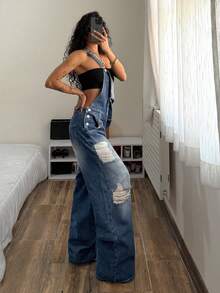 StreetHx 女士休闲水洗做旧牛仔背带裤 - 藍色 - 查看 5