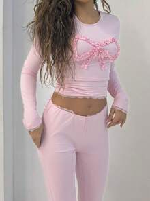RebeccaVibe Fuchsia Bowknot Decor Fitted T-Shirt And Bell-Bottom Pants 2pcs Set Women 2 Pieces Lounge Set Long Sleeve Two Pieces Set Women Loungewear Set - Pink - View 4