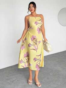 Firerie Plus Size Elegant Floral Print Camisole Dress, Suitable For Commuting Floral Dress Women Elegant Women Sundress Summer Elegant Dress Orchid Dress Women Sun Dresses Spring/Summer Casual Vacation Dress For Women Spring/Summer Elegant Dress For Women, Spring Clothing Wedding Dress For Women - Yellow - View 6