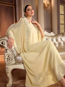 Al Najma 女士优雅水钻镂空喇叭袖土耳其长裙和阿拉伯传统长袍 - 芥末黃 - 查看 2