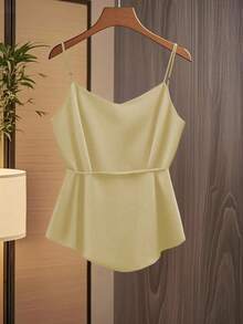 Lyxana Women's Fashion Casual V-Neck Pleated Wrap-Around Bowknot Tie Waist A-Line Camisole - Beige - View 2