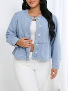 EMERY ROSE Plus Size Women's Light Blue Autumn Smart Casual Everyday Single-Breasted Peplum Hem Cropped Denim Jacket,Oversized Jean Jacket For Commute - Blue - View 5