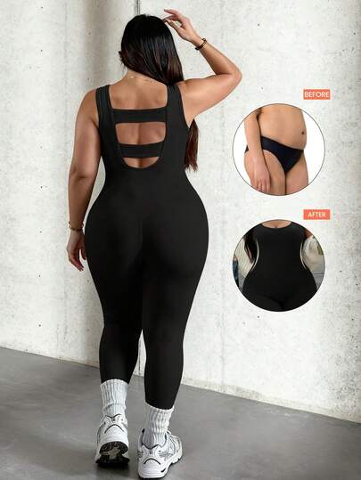Rhythm Era 1pc Plus Size Black Backless Jumpsuit, Comfortable Stretchy Seamless Knit Yoga & Fitness Activewear