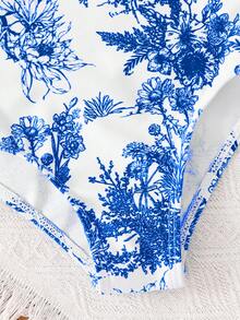 Emery Rose Kids Emery Rose Kids 女童春夏针织拼接蓝白瓷器复古图案吊带连体泳衣，带蝴蝶结 - 藍色 - 查看 4