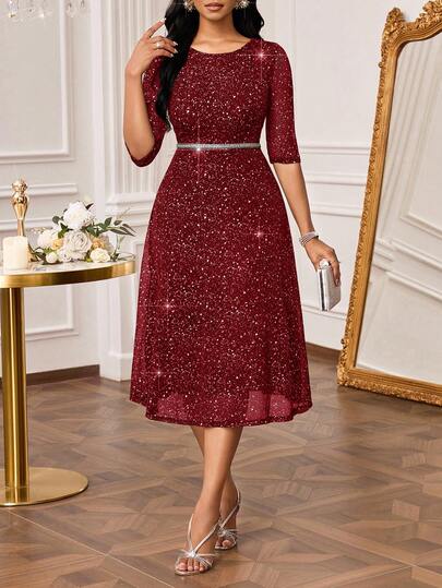 SHEIN Lady Women's Rhinestone Decor Round Neck Mid-Length Dress Long Sleeve Elegant Dress