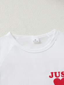 Genkimix Kids Set casual pentru fete, 2 buc., top cu mânecă scurtă și guler rotund, croială lejeră, cu imprimeu cu litere și inimioare "JUST ME", pantaloni roz cu curea, stil drăguț și dulce, potrivit pentru ținute casual de primăvară/toamnă, ținute de sărbători - alb - Vizualizare 9