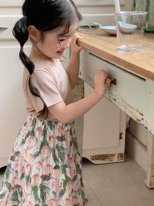 DAZY 2件套幼儿女童休闲圆领T恤和印花裙套装 - 藕粉色 - 查看 7