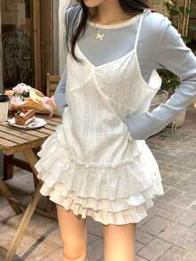 DAZY Women's Casual Solid Color Ruffle Hem Camisole Top, Summer - White - View 5