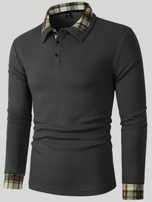 Manfinity Homme Áo Polo nam kiểu dáng thường ngày, họa tiết kẻ caro ghép mảnh, thích hợp cho mùa thu. - Xám - Xem 3