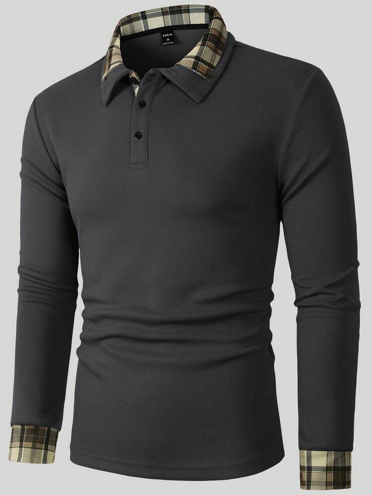 Manfinity Homme 男士休闲格子拼接 Polo 衫，秋季款 - 灰色 - 查看 3
