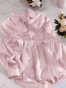 Airaco 2pcs/Set Shiny Sequin Casual Outfit For Women, Lightweight Versatile Summer Shirt And Wide Leg Shorts - Pink - View 4