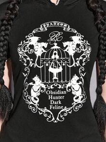 ROMWE Goth 深色藤蔓、猫、蝙蝠翅膀、鸟笼女孩剪影连帽衫，带猫耳朵紧身T恤 - 黑色 - 查看 2