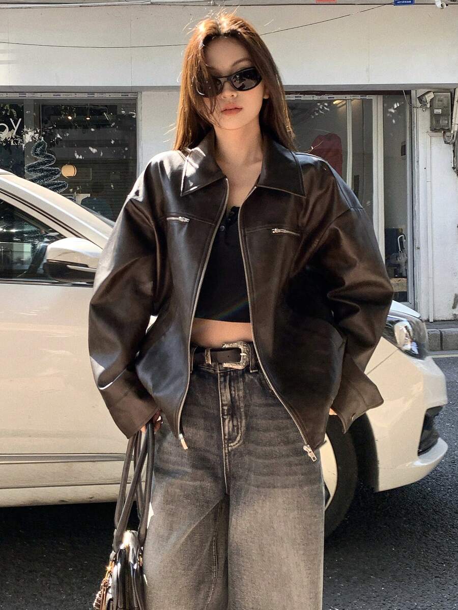 DAZY 女士PU皮革纯色休闲长袖百搭街头风外套 - 黑色 - 查看 1