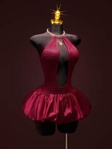 SHEIN ICON Women's Fashionable Hollow Neck Backless Bubble Hem Formal Burgundy Wedding Birthday Party Sexy Vacation Valentine's Day Date Nigh Mini Dress, Summer Red Satin Dress - Burgundy - View 6