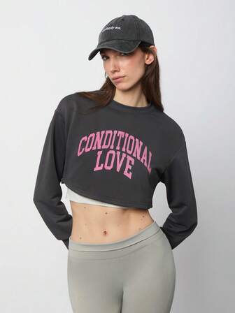 Athîral 休闲简约印花圆领长袖宽松短款女式卫衣