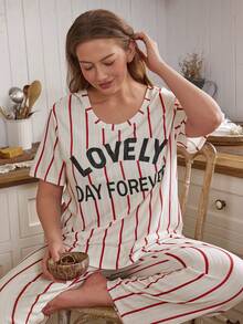 SHEIN Doze Lane Contrast Stripe & Letter Print Casual Crew Neck Short Sleeve Pajama Set - Multicolor - View 5