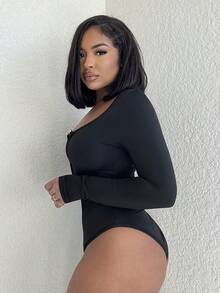 Alexandranx 深 V 领、修身长袖黑色紧身衣、时尚街头服饰 - 黑色 - 查看 4