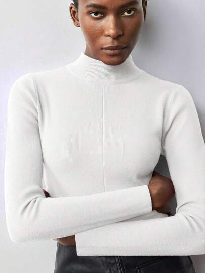 Maija Suéter de cuello alto de manga larga de ajuste ceñido de unicolor para mujer, uso casual urbano para la oficina, fiestas, San Valentín, verano