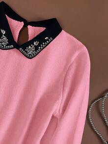 Franclia 复古优雅二合一针织毛衣，饰有钻石图案，翻领，长袖，休闲日常穿着，返校季，秋冬季佳选。 - 粉色 - 查看 7