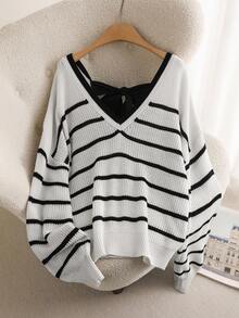 CosyJoli Áo len chui đầu kẻ sọc cổ chữ V tay dài cỡ lớn cho nữ, thiết kế nơ thắt lưng mặc hàng ngày, trang phục thường ngày và thời trang thu đông cho nữ - Đen và trắng - Xem 7