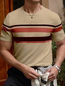 Manfinity Homme 男士撞色印花圆领短袖针织上衣 - 杏色 - 查看 3