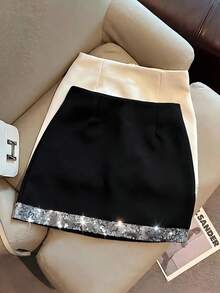 Franclia 时尚高端亮片拼接紧身迷你裙，高腰显瘦女裙，春夏款 - 黑色 - 查看 7