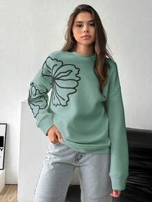 EURMUSE 100% Cotton FLOWER EMBROIDERY BLACK STITCHED WHITE SWEATSHIRT - Mint Green - View 3