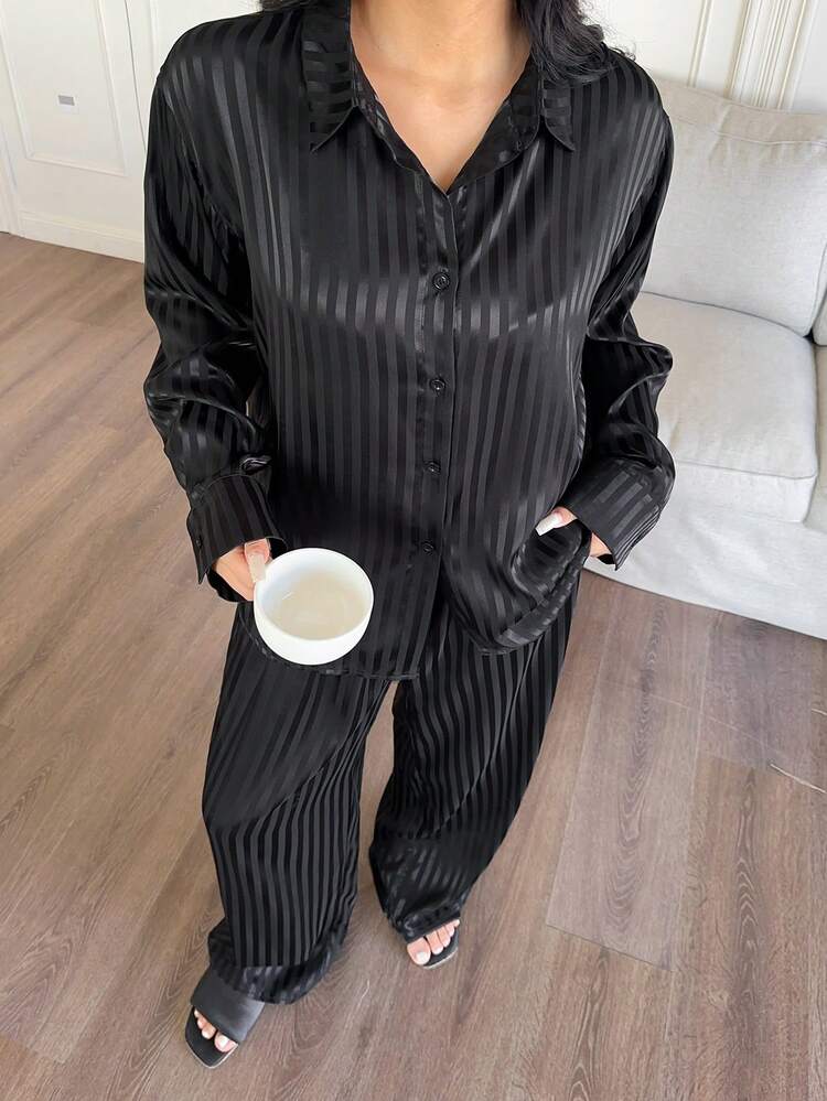 Dazy Plus Plus Size Women Striped Lapel Loose Long Sleeve Top And Straight Leg Pants Pajama Set, Spring/Summer/Autumn