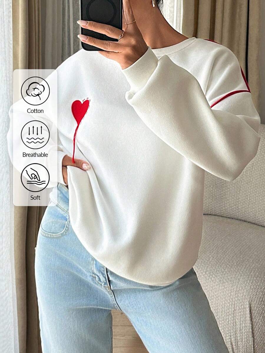 EURMUSE Cotton Red Heard Embroidered White Sweatshirt With Red Piping At Sleeves - White - View 1