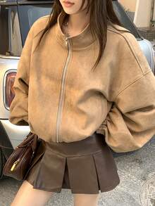 DAZY 女士麂皮绒质感韩版长袖外套 - 卡其色 - 查看 5