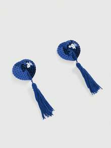 ROMWE Avant 1 Pair Women's Fashionable Glitter Heart Tassel Nipple Covers/Pasties, Suitable For Everyday Wear, For Valentine's Day - Navy Blue - View 2