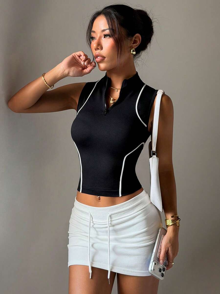 Dewbera 女士夏季休闲时尚日常通勤半拉链立领撞色滚边修身短款运动背心 - 黑色 - 查看 1