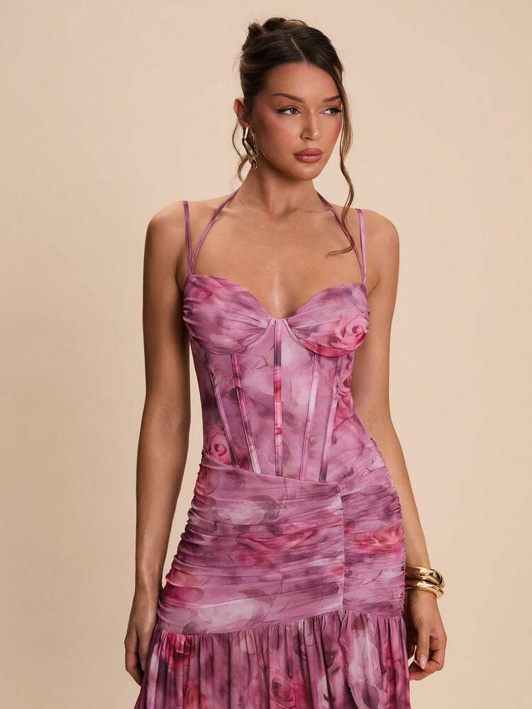 SHEIN BAE Elegante abito con stampa di rose senza maniche, orlo irregolare con volant, adatto per cocktail festa, appuntamenti romantici, raduni, eventi formali, matrimoni, uscite serali, San Valentino, abito rosa - Rosa - Visualizzare 6