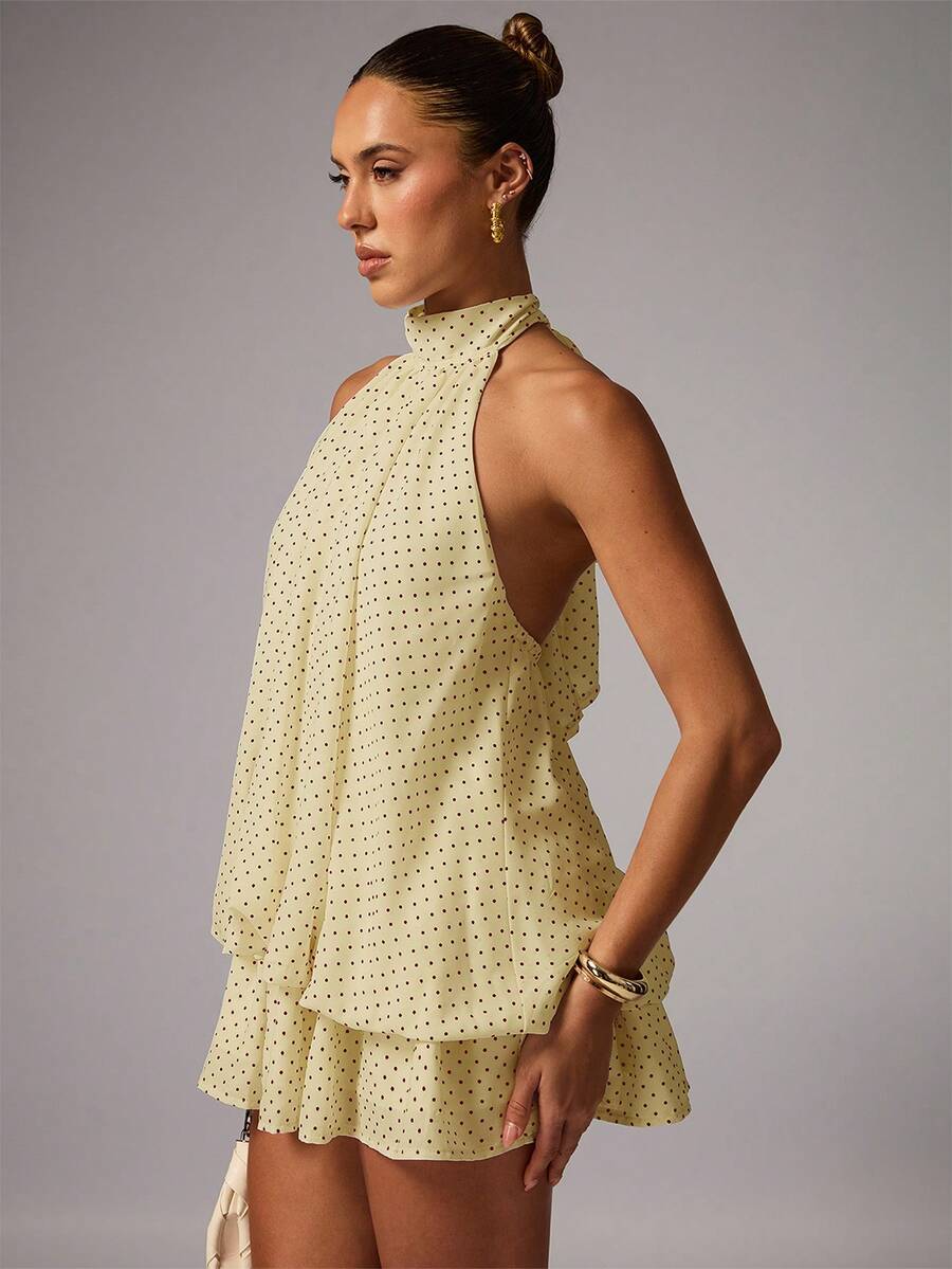 Avenya Đầm ngắn không tay chấm bi, chân váy xòe. - Màu be - Xem 1