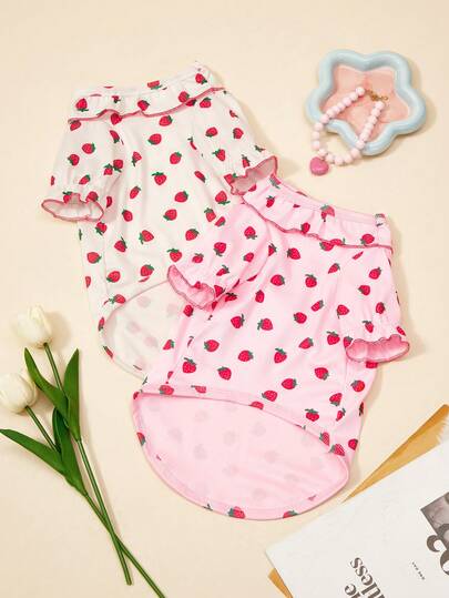 1 Pc Pet Cat Dog White Sweet And Cute Strawberry Print Pattern Elastic Knitted Comfortable Flower Bud Sleeve Dog Round Neck T-Shirt