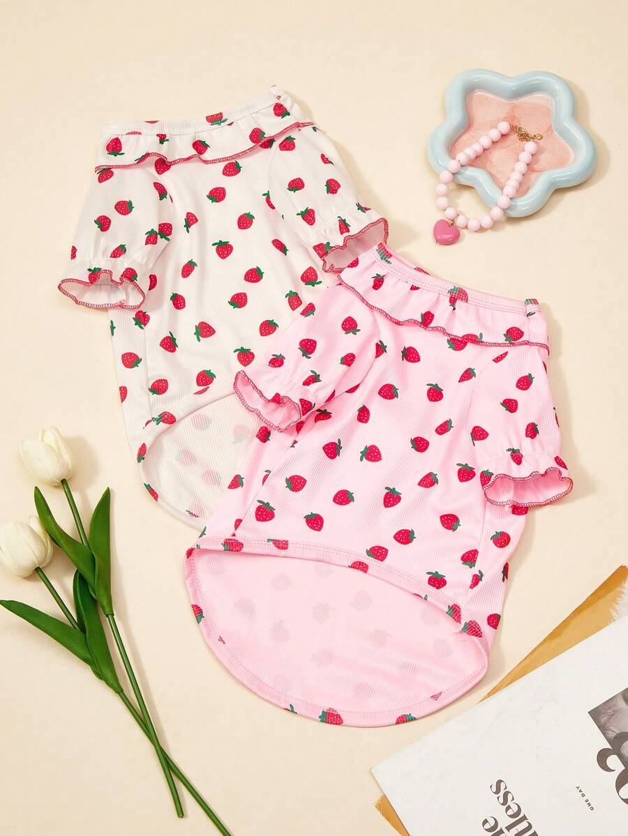 1件宠物猫狗白色甜美可爱草莓印花图案弹力针织舒适花苞袖圆领T恤 - 白色 - 查看 1