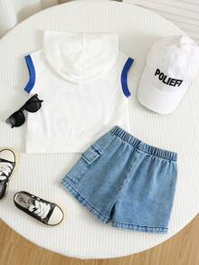 SHEIN 2件套男女童可爱连帽无袖背心和牛仔短裤套装，春夏男婴服装 - 藍色 - 查看 2