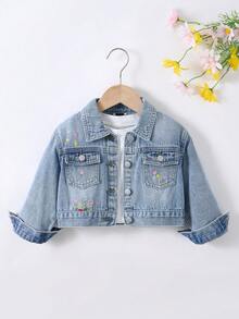 SHEIN 女童花卉刺绣蓝色牛仔翻领长袖短外套 - 淺色水洗藍 - 查看 7