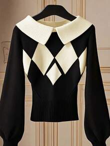 SHEIN Franclia Áo len cổ cao tay phồng phối màu hình thoi lấy cảm hứng từ các blogger. - Nhiều màu - Xem 7